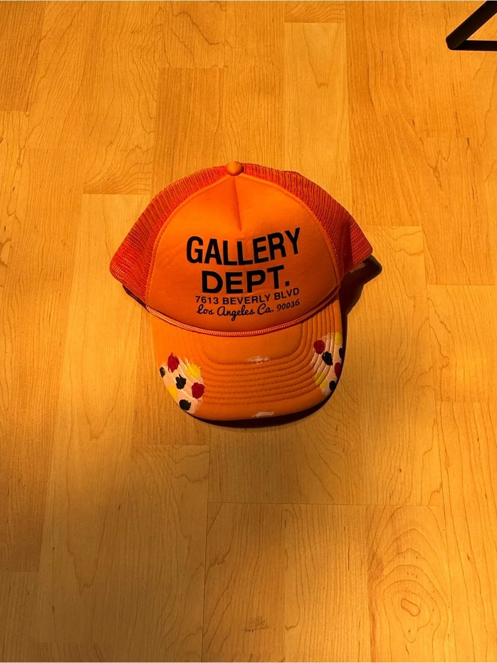 Gallery Dept Orange Mesh Trucker Hat with Multicolor Paint Splatters